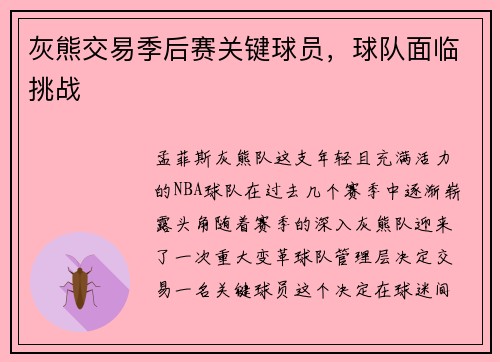 灰熊交易季后赛关键球员，球队面临挑战